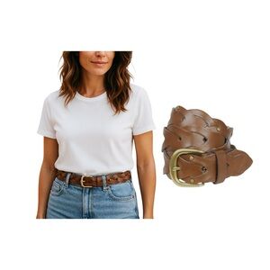 Time and Tru Brown Grainy Faux Leather Stud Link Braid Belt